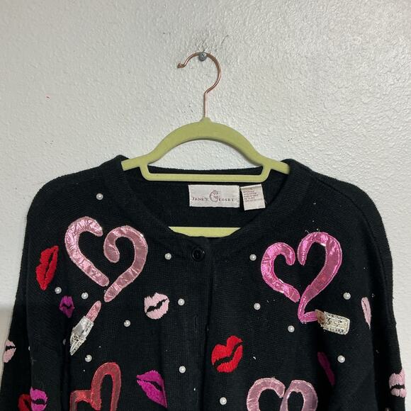 Jane's Closet Black Valentine Vintage Cardigan Sz L - Picture 3 of 12